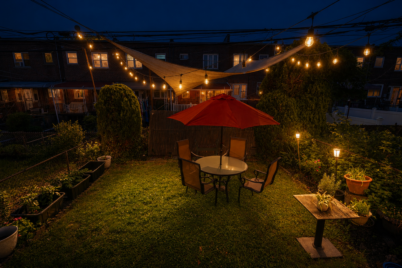 Outdoor garden area behind Shauna's Chateau in the early evening