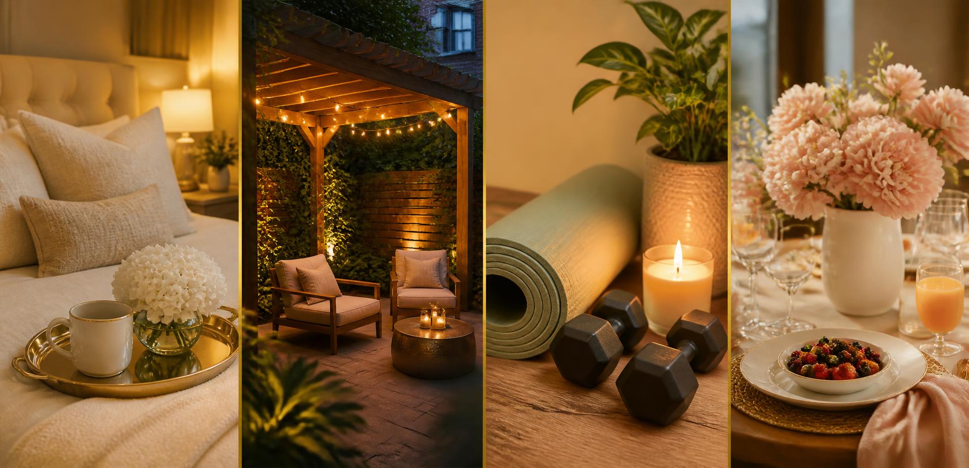 Warmly lit garden-level backyard oasis at Shauna's Chateau in Brooklyn, with lounge seating and greenery